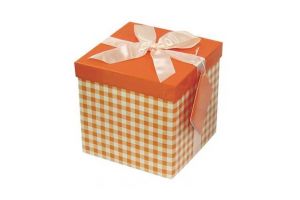 Dárková krabička skládací s mašlí M 15x15x15 cm kostkovaná oranžová