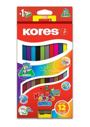 KORES JUMBO KOLORES DUO trojhranné obostranné pastelky 5 mm, s jumbo ořezávátkem / 12 b.