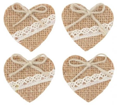 Srdce jutové s krajkou a lepíkem 4,5 cm 4 ks