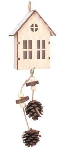Dřevěný domek s šiškami na zavěšení 7 x 30 x 4 cm