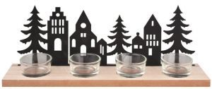 Dřevěný svícen s černými kovovými domky a stromy na 4 svíčky 32 x 12 x 7 cm