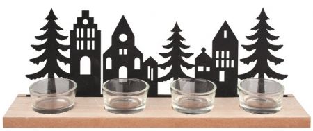 Dřevěný svícen s černými kovovými domky a stromy na 4 svíčky 32 x 12 x 7 cm