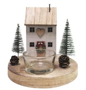 Dřevěný svícen s domečkem na jednu svíčku 12 x 12 x 12 cm