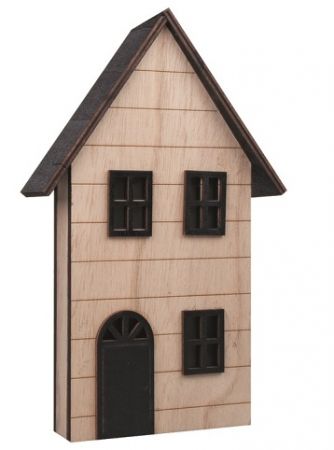 Dřevěný domeček s černými okny a střechou na postavení s LED 13 x 22 x 4 cm
