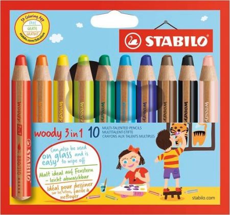 STABILO Pastelka, vodovka &amp; voskovka v jednom - woody 3 in 1 - 10 ks sada - 10 různých bar
