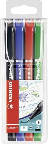 STABILO Jemný liner s odpruženým hrotem - SENSOR - fine - 4 ks sada - černá, modrá, červen