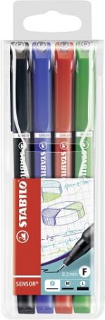STABILO Jemný liner s odpruženým hrotem - SENSOR - fine - 4 ks sada - černá, modrá, červen