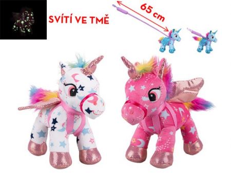 Jednorožec plyšový 18cm na vodítku 65cm svítící ve tmě 3barvy 18m+