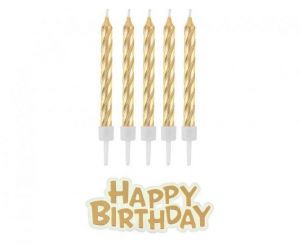 Svíčky dortové 6cm 16ks 16 zlaté + nápis Happy birthday