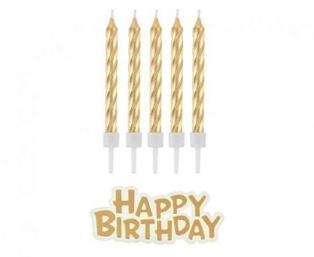 Svíčky dortové 6cm 16ks 16 zlaté + nápis Happy birthday