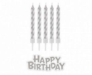 Svíčky dortové 6cm 16ks 16 stříbrné + nápis Happy birthday
