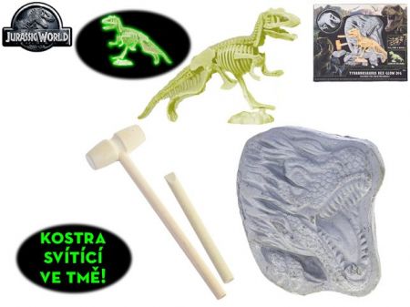 Jurský svět sada pro tesání kostry T-Rexe svítící ve tmě s doplňky v krabičce