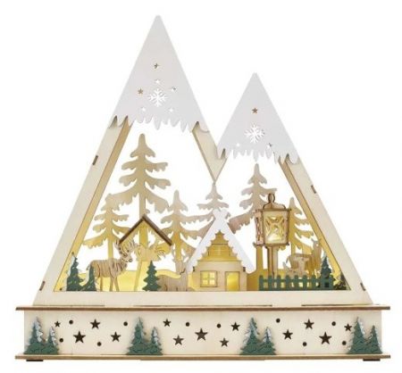 Dřevěná vánoční krajina LED svítící, 25 x 6 x 23,5 cm, 2x AA, teplá bílá, časovač
