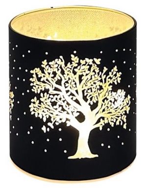 Svítící skleněný válec s motivem stromu – černý, 10 x 9 cm, teplá bílá, 10 LED, časovač