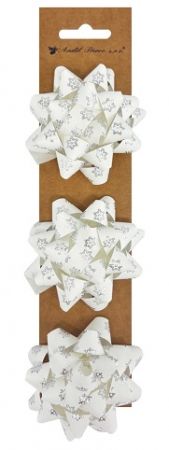 Rozeta dárková samolepicí 7 x 3,5 x 7 cm, bílá se stříbrnými vločkami, 3 ks