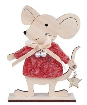 Myška v červeném svetříku dřevěná na postavení 12 x 15 x 4 cm