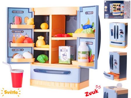Lednice 26x18x12cm modrá na baterie s doplňky se světlem a zvukem v krabičce