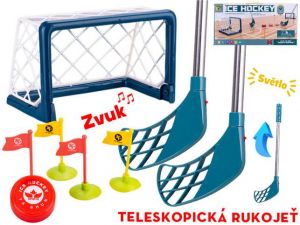 Hokej s brankami 23x16x16cm a hokejkami 70cm 2ks na baterie se světlem,zvukem a doplňky v 