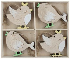 Pták dřevěný 5,5 x 5 x 0,5 cm na zavěšení, 8 ks v krabičce