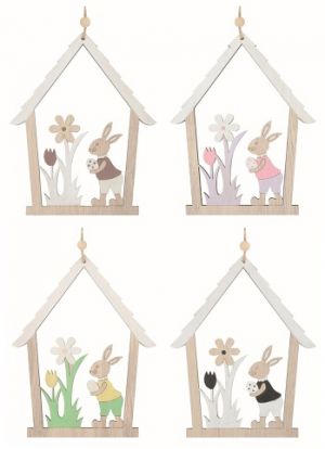 Domek se zajícem dřevěný 13,5 x 17 x 0,5 cm na zavěšení