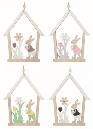Domek se zajícem dřevěný 13,5 x 17 x 0,5 cm na zavěšení