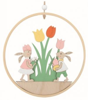 Velikonoční dekorace Zajíci v kruhu dřevěná 16 x 16 x 1 cm na zavěšení