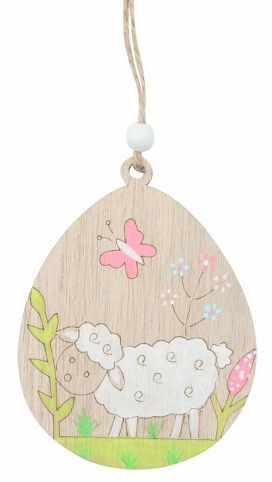 Vajíčko s ovcí a růžovým motýlem dřevěné 7,5 x 9 x 0,5 cm, na zavěšení