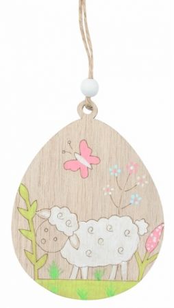 Vajíčko s ovcí a růžovým motýlem dřevěné 7,5 x 9 x 0,5 cm, na zavěšení