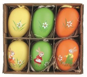 Sada velikonočních plastových vajec malovaní Zajíčci 6 cm na zavěšení, 6 ks v krabičce