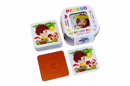 Voděodolné pexeso Dětský rok 64 karet v plechové krabičce 6x6x4cm Hmaťák