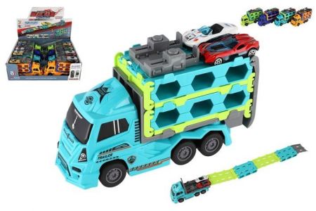 Auto kamion přepravník + auto 2ks plast 22cm na setrvačník 4 barvy