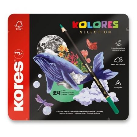 Trojhranné pastelky Kores Kolores Selection - plechová krabička, 24 barev