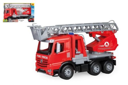 Auto hasiči Mercedes-Benz Arocs Worxx s žebříkem plast 47cm stříkající vodu v krabici 50x3