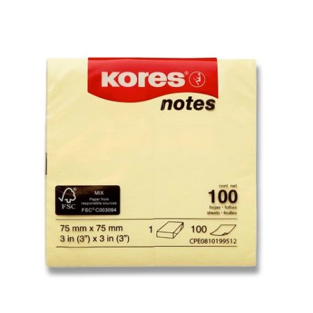 Samolepicí bloček Kores - žlutý - 75 × 75 mm, 100 listů
