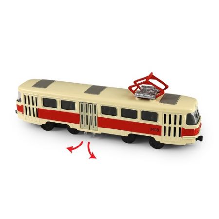 Kovová česká retro tramvaj červená 16 cm-otevírací dveře