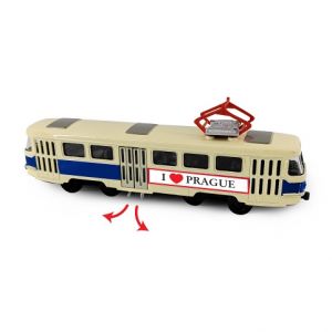 Kovová česká retro tramvaj modrá 16 cm PRAGUE otevírací dveře