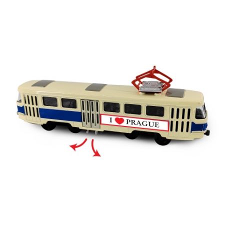 Kovová česká retro tramvaj modrá 16 cm PRAGUE otevírací dveře