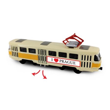 Kovová česká retro tramvaj žlutá 16 cm PRAGUE otevírací dveře