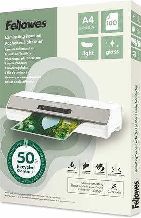 Laminovací fólie "Light", 80 mikronů, A4, lesklá, recyklovaný, 100 ks, FELLOWES 100142987