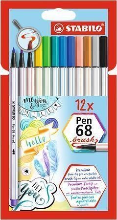 Štětcové fixy "Pen 68 brush", sada 12 barev, kovová krabička, STABILO