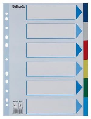 Barevné rozlišovače, mix barev, A4, plast, 6 dílů, ESSELTE