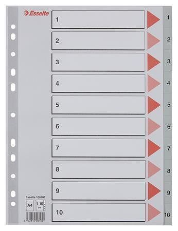 Rejstříky, šedá, A4, plast, 1-10, ESSELTE