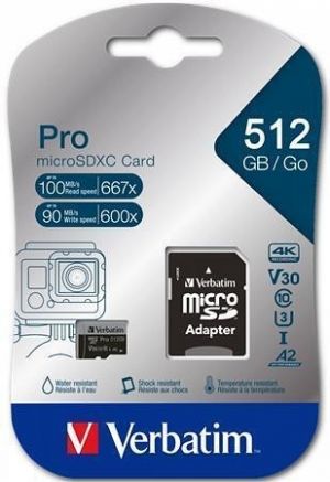 Paměťová karta "PRO“, microSDXC, 512GB, CL10/U3/A2, 100/90 MB/s, adaptér, VERBATIM 47046