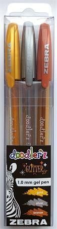 Sada gelových per "Doodler'z Glitter", 3 třpytivé barvy, 0,33 mm, ZEBRA 80775