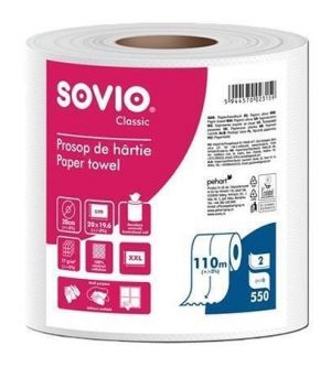 Papírové utěrky, bílá, 2-vrstvé, 110 m, průměr 20 cm, 1 role, SOVIO PP201048