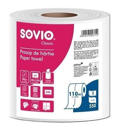Papírové utěrky, bílá, 2-vrstvé, 110 m, průměr 20 cm, 1 role, SOVIO PP201048