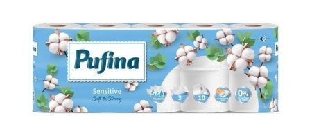 Toaletní papír "Sensitive Aquabond", bez parfemace, 3-vrstvý, 10 rolí, PUFINA PP20773
