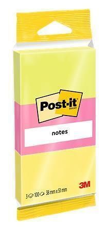 Samolepicí bloček, nenové barvy, 38x51 mm, 3x100 listů, 3M POSTIT