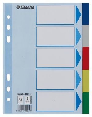 Barevné rozlišovače, mix barev, A5, plast, 5 dílů, ESSELTE
