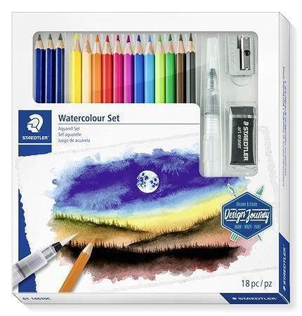 Akvarelové pastelky "Design Journey", sada 12ks, se štětcem, pryží, ořezávátkem, graf. tuž